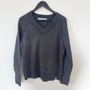 Woolrich Grey Wool Blend Speckled Knit Crochet Detail Vneck Sweater